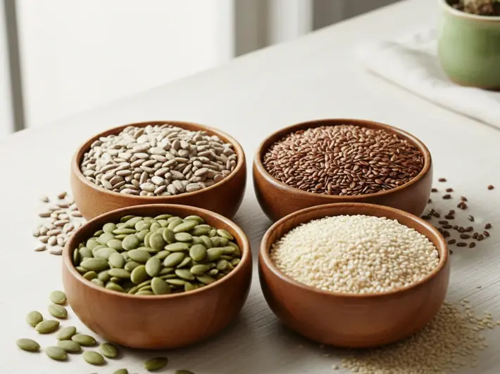 Semillas de girasol, linaza, calabaza y ajonjoli para apoyar el equilibrio hormonal femenino