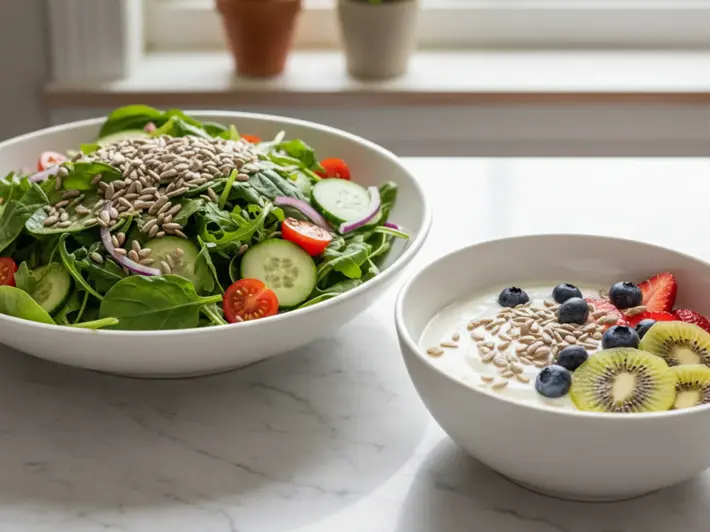 Ensalada y yogur con fruta espolvoreados con semillas de girasol como formas de consumirlas