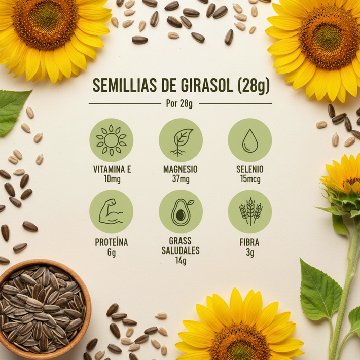 Infografía en español con el valor nutricional de las semillas de girasol por porción